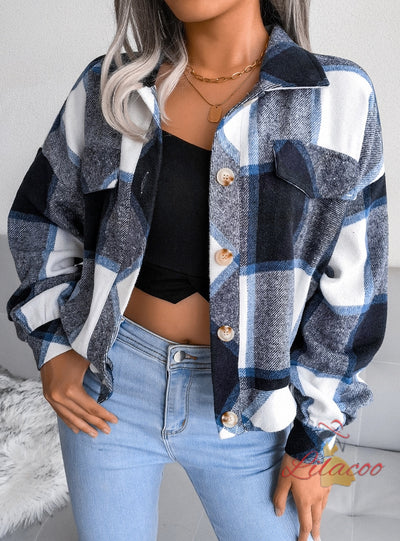 Plaid Lantern Long Sleeve Woolen Coat Jacket