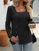 Square Neck Pit Long Sleeve Button T-shirt