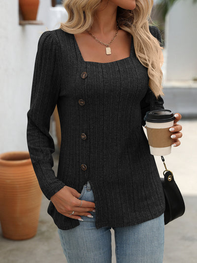 Square Neck Pit Long Sleeve Button T-shirt