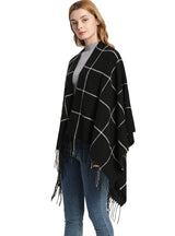 Large Plaid Fringed Split Shawl