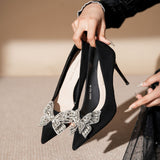 Diamond Bow Suede Stiletto Heels