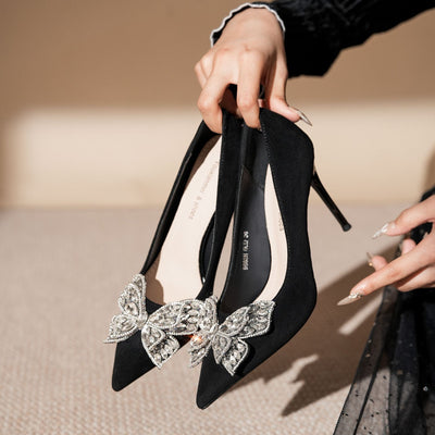 Diamond Bow Suede Stiletto Heels