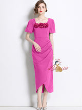 Square Collar Three-dimensional Flower Slim Short-sleeved Dress