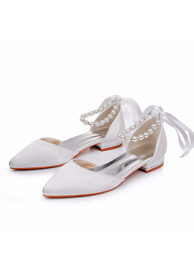 2 cm Flat-heeled Pointed White Satin Beaded Sandals