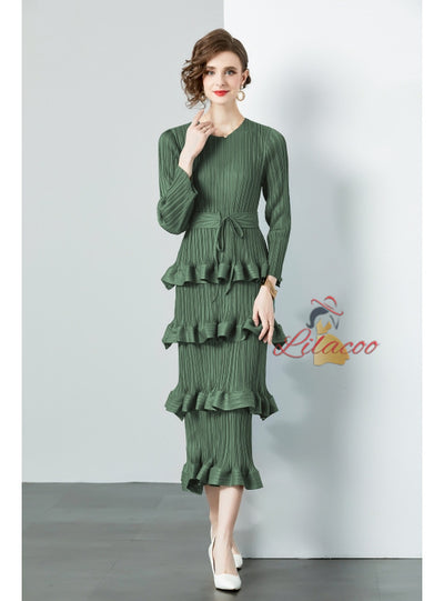 Ruffled Pleated Long Sleeve Slim Dress