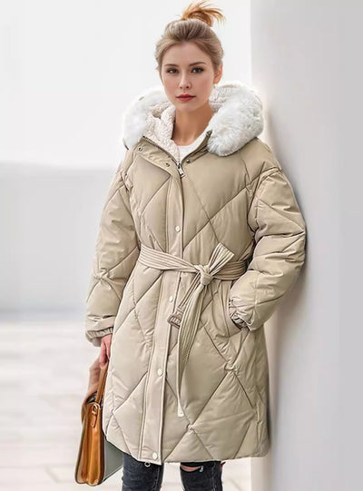 Women Slim Cotton Lamb Rhombic Lattice Coat