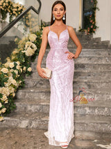 Pink Sequins Straps Prom Dress