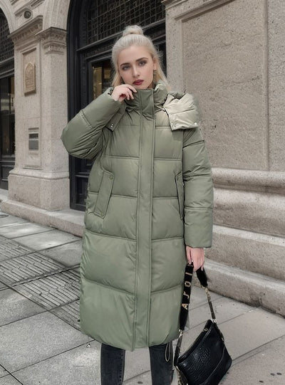 Over-the-knee Thickened Hooded Cotton-Padded Jacket Coat