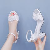 7 cm White Lace Flower Bridal Thick Heel Sandals