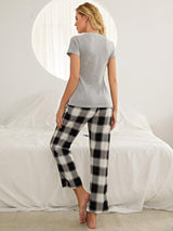 Plaid Heart-shaped Short-sleeved Pajamas Suit