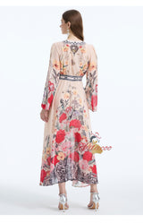 V-neck Flared Sleeve Printed Chiffon Dress