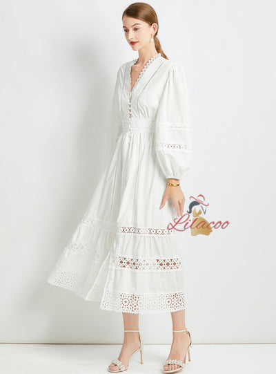 V-neck Stitching Lace Long Sleeve Dress