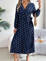 V-neck Pleated Polka Dots Long Dress