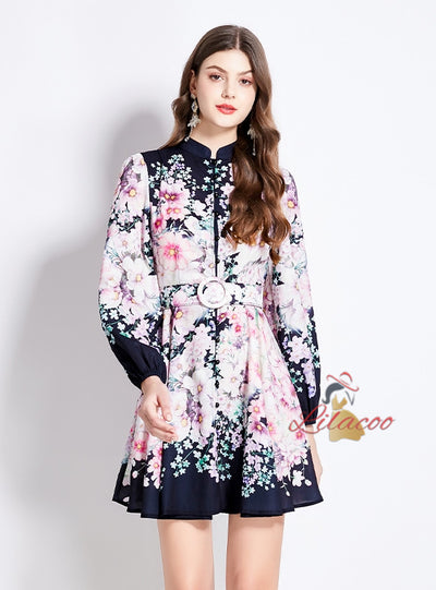 Floral National Stand-up Collar Lantern Sleeve Printed Dress