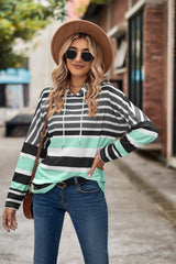 Geometric Stripe Printed Long Sleeve Hoodie Top