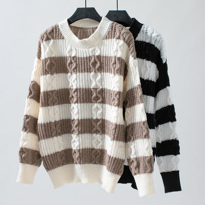 Retro Loose Round Neck Twisted Striped Sweater