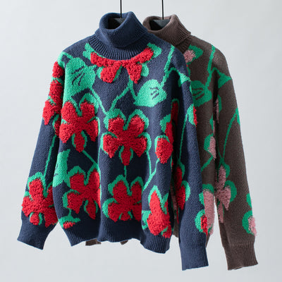 Three-dimensional Flocking Flower Pattern Lapel Sweater