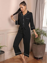 Solid Color V-neck Long-sleeved One-piece Sleepwear