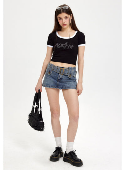 Short Letter Rhinestone Short Sleeve T-shirt