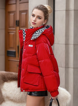 Loose and Casual Checkerboard Hooded Cotton Coat