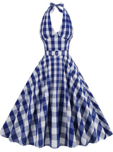 Sexy Deep V-neck Check Retro Dress