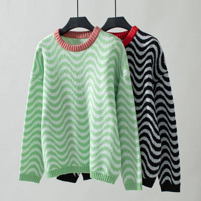 Contrast Knitted Wavy Striped Sweater