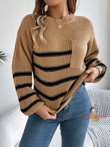 Contrasting Striped Pocket Lantern Sleeve Sweater