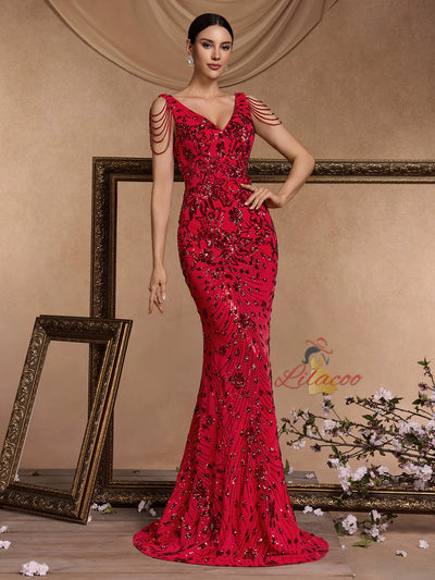 Red Mermaid Sequins V-neck Prom Dress