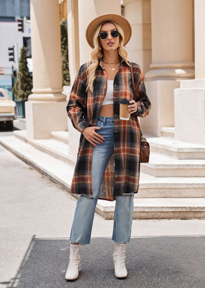 Fashion Loose Long Trench Coat Plaid Shirt