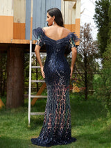 Navy Blue Mermaid Sequins Off the Shoulder Prom Dress