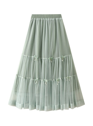 Bow Mesh Cake Elastic Waist Skirt