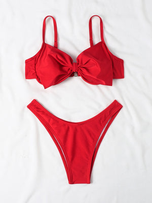 Split Solid Color Bow Bikini