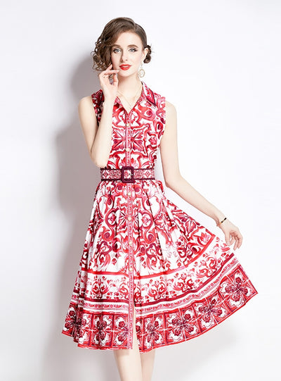 Retro Printed Slim Lapel Sleeveless Dress