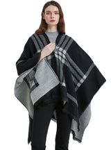 Black and White Plaid Leather Buckle Split Shawl