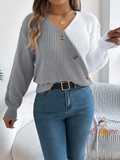 Casual V-neck Button Contrast Sweater