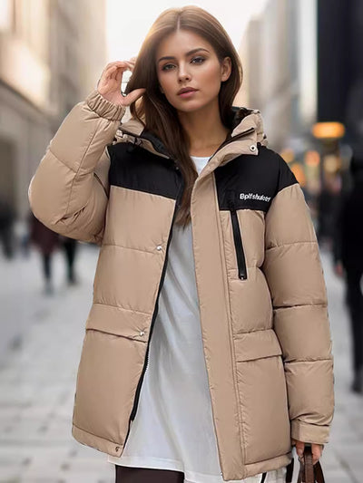 Spliced Thick Hooded Cotton-padded Jacket Coat