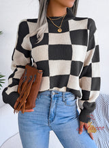 Contrast Check Long Sleeve Knitted Sweater