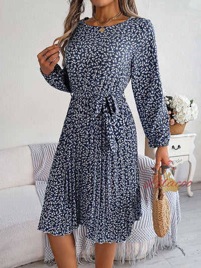 Casual Long-sleeved Floral Pleated Dress