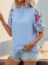 Embroidered Gauze Spliced Lantern Sleeve Shirt