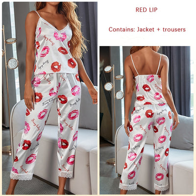 Sling Lace Satin Imitation Silk Pajamas Set