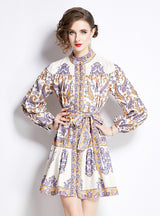 Retro Printed Long Sleeve Stand-up Slim Dress