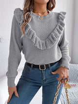 Solid Color Ruffled Long-sleeved Sweater