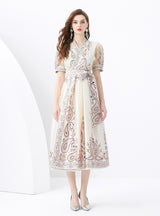 V-neck Lantern Sleeve Retro Print Dress