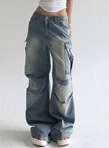 Pleated Low Waist Pocket Straight Jeans