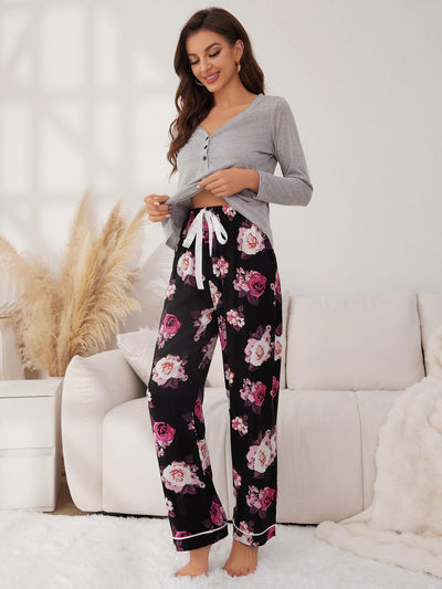 Flower Printed Long-sleeved Trousers Pajamas Set