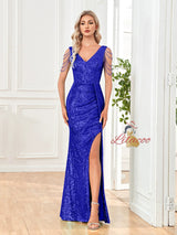 V-neck Sequined Fishtail Slit Evening Dress