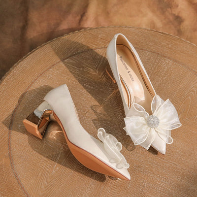 Thick-heeled Bow Pointed High Heels Shoes