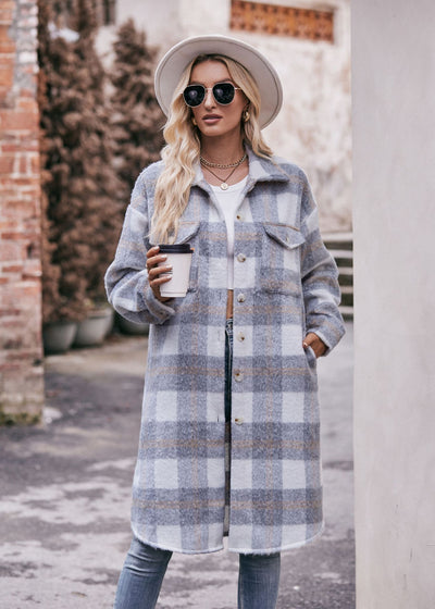 Autumn and Winter Long Plaid Pocket Coat