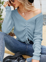 Irregular Drawstring V-neck Long Sleeve Sweater