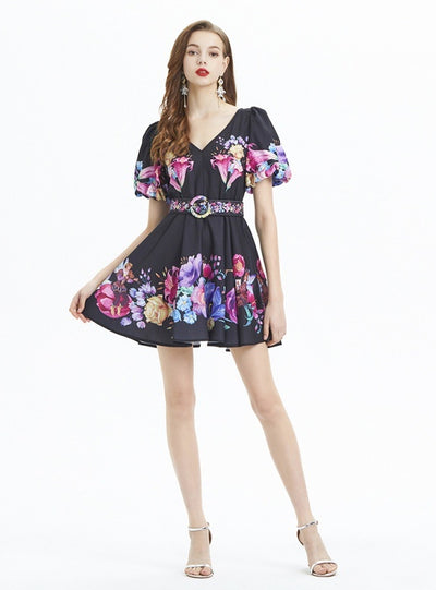 Plant Printed Bubble Sleeve V-neck Ruffled Dress